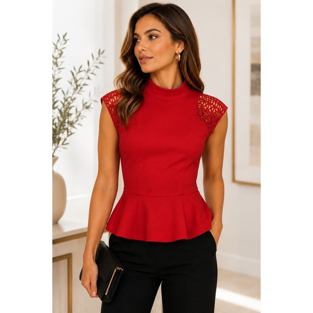 Karen Millen NWT Red Peplum Top US 6 Laser Cut High Neck Party Cocktail